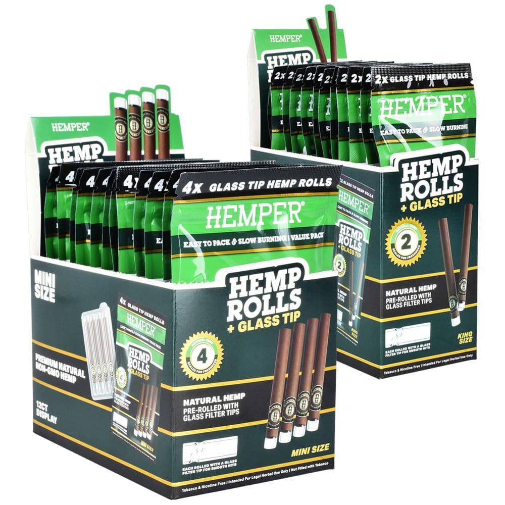 Hemper Hemp Rolls + Glass Tips | 12pk Display - Discreet Smoker