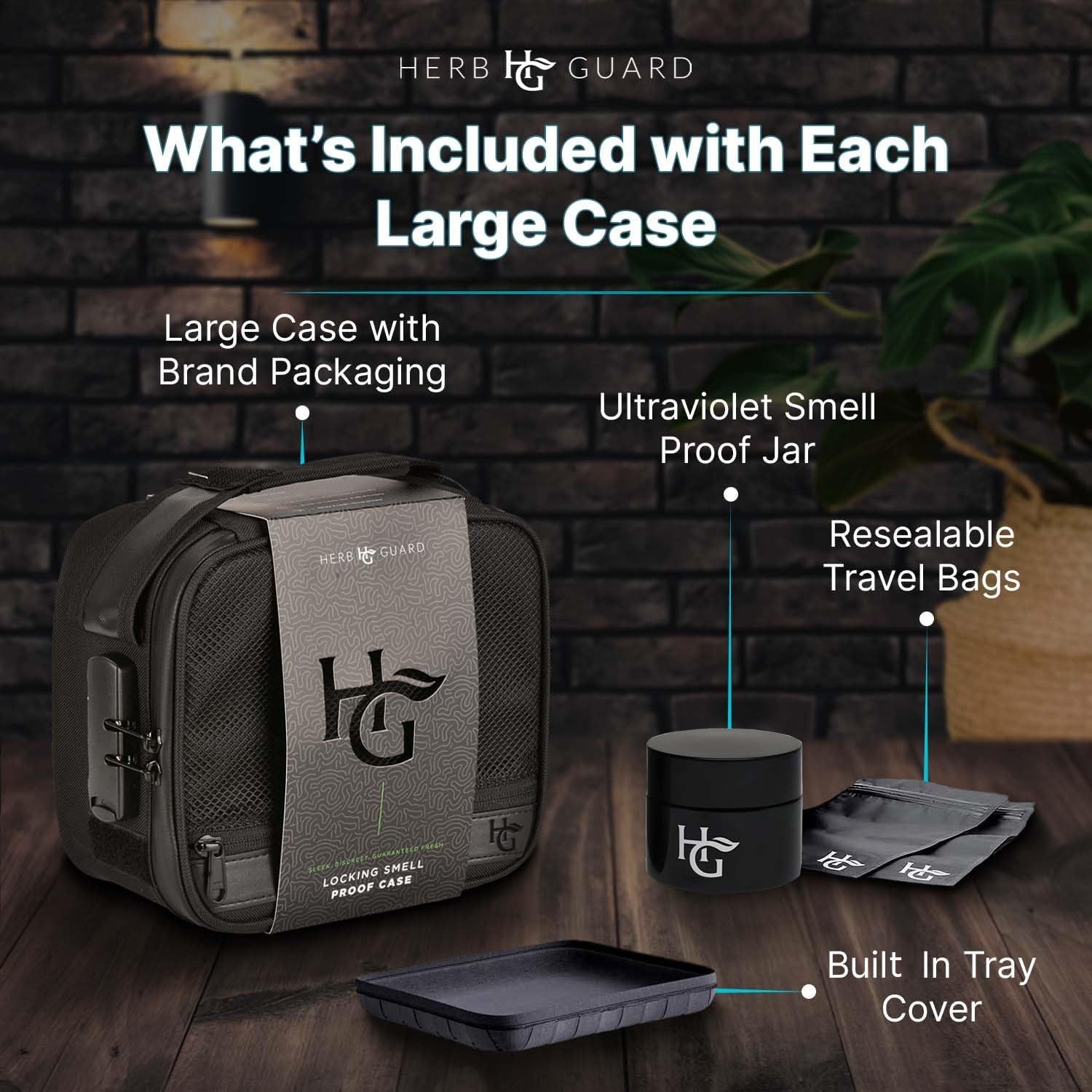 Herb Guard Large Smell Proof Bag & Case with Combination Lock (Holds up to 3 Ounces) - Includes YKK Zippers, 50Ml Smell Proof Container and Jar, Built in Tray & Travel Bags (Black)
