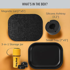 Black Rolling Tray Set with Magnetic Lid 7"X5" - Smoking Accessories by
