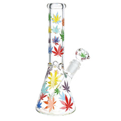 Rainbow Pride Leaf Beaker Glass Water Pipe - 10.25" / 14mm F - Discreet Smoker