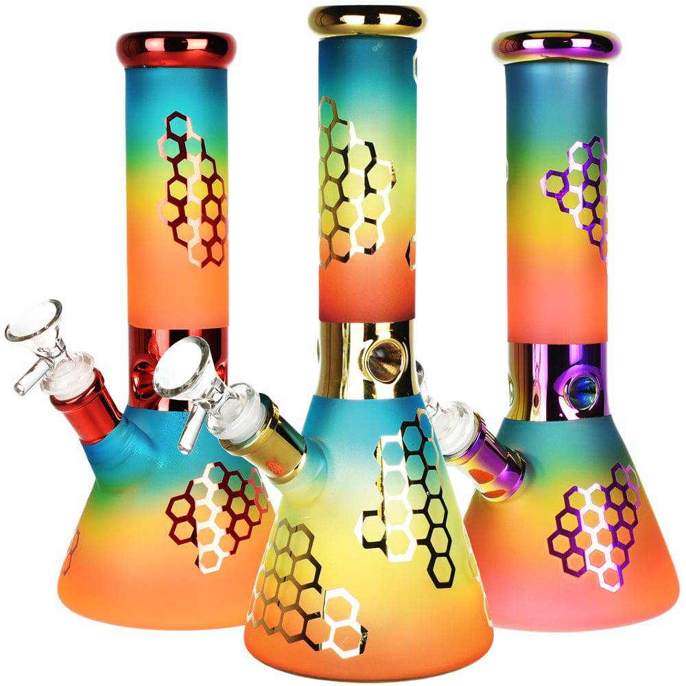 Rainbow Honeycomb Glass Water Pipe - 10" / 14mm F - Discreet Smoker