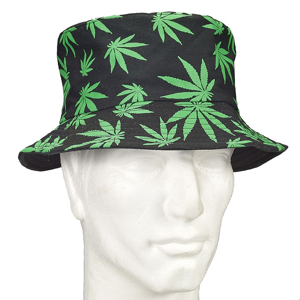 bucket hat - black hat with green leaves - Discreet Smoker