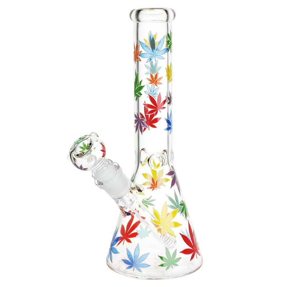 Rainbow Pride Leaf Beaker Glass Water Pipe - 10.25" / 14mm F - Discreet Smoker