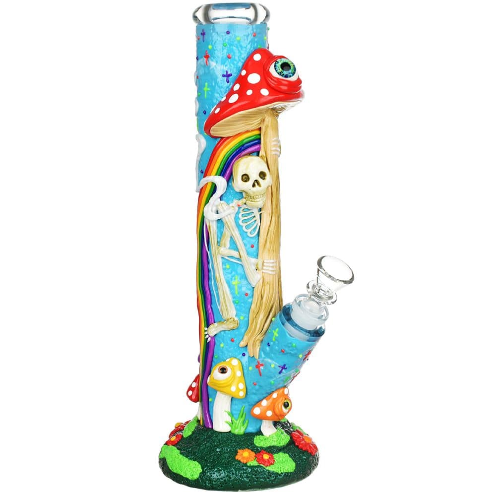 Sneaky Skeleton and Watchful Fungi Glow In Dark Tube Water Pipe - 11.5" / 14mm F - Discreet Smoker