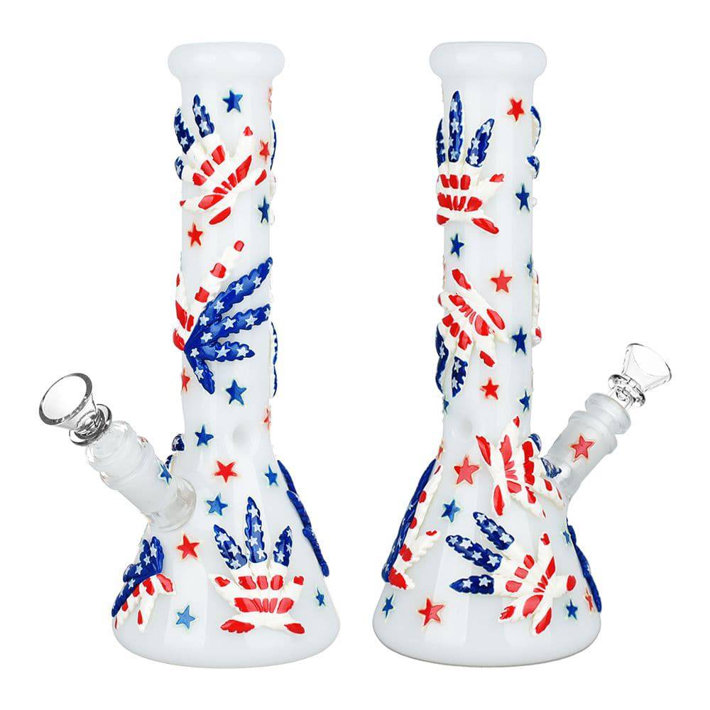 Patriot Leaf Glow In The Dark Glass Water Pipe - 10" / 14mm F - Discreet Smoker