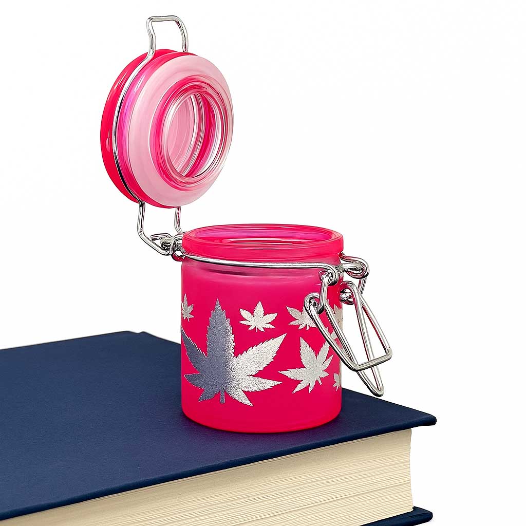 AIRTIGHT GLASS SILVER LEAVES STASH JAR WITH CLAMP LID - Discreet Smoker