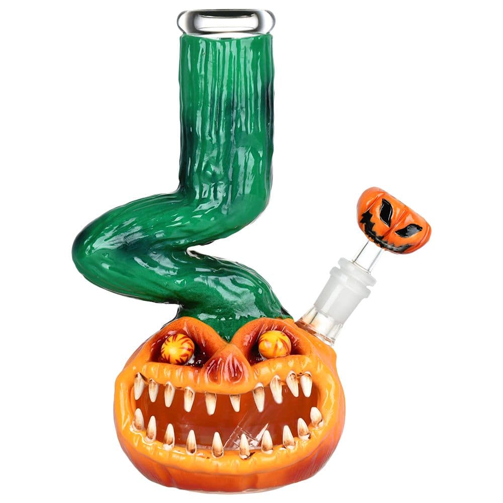 Bent Neck Scary Pumpkin Enamel On Glass Water Pipe - 10" / 14mm F - Discreet Smoker