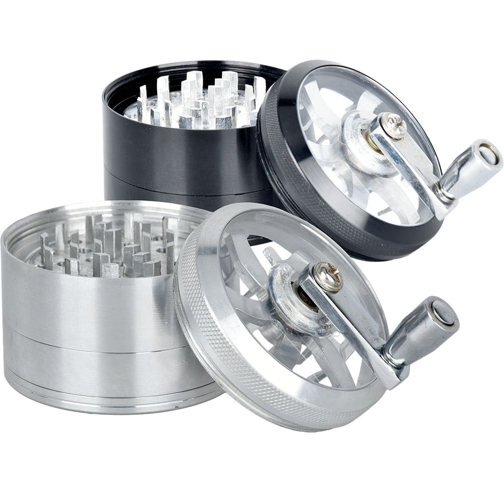 Piranha RETRO Clear Crank Top Aluminum Grinder | 4pc | 2.5" - Discreet Smoker