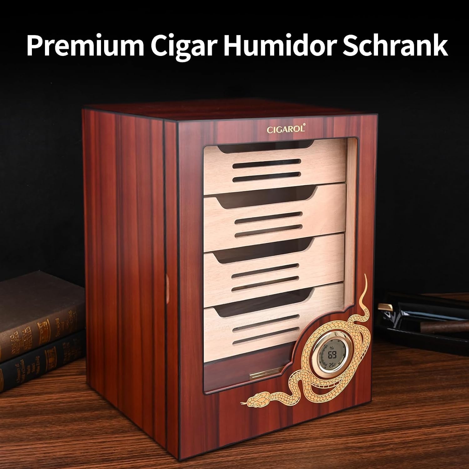 Cigar Humidor Cabinet, Cedar Wood Desktop Cigar Case with Digital Hygrometer, 4-Tier Compartments and Accessories Drawer, Holds 100-150 Cigars, Gifts for Men, Dad & Father