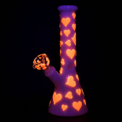 Valentines Day Heart Glow In The Dark Beaker Water Pipe - 10" / 14mm F - Discreet Smoker