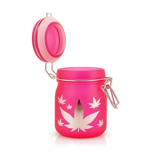 AIRTIGHT GLASS SILVER LEAVES STASH JAR WITH CLAMP LID - Discreet Smoker