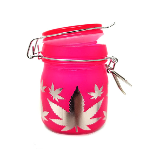 AIRTIGHT GLASS SILVER LEAVES STASH JAR WITH CLAMP LID - Discreet Smoker