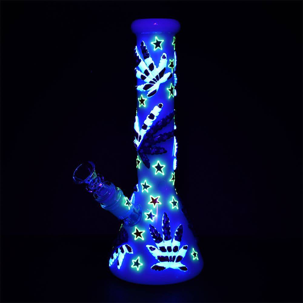 Patriot Leaf Glow In The Dark Glass Water Pipe - 10" / 14mm F - Discreet Smoker