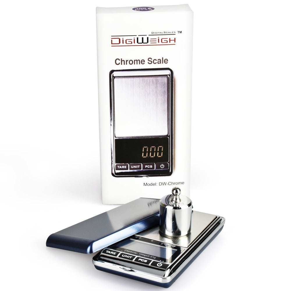 DigiWeigh Chrome Digital Pocket Scale w/ Weight | 100g x 0.01g - Discreet Smoker
