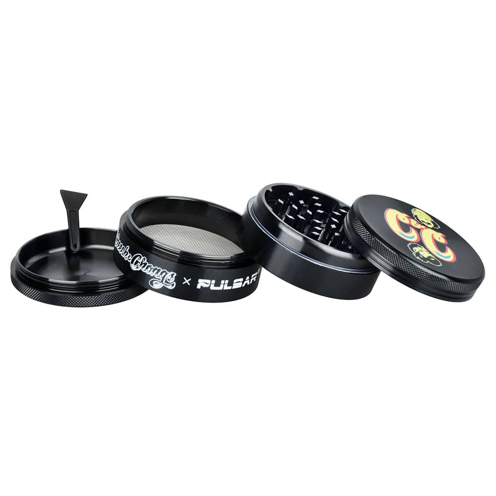 Cheech & Chong's™ x Pulsar Black Metal Grinder | 4pc | 2.5" - Discreet Smoker