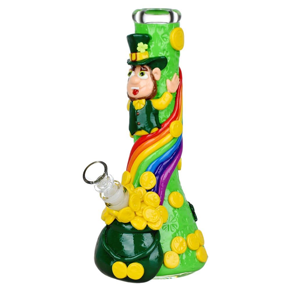 St. Patrick's Day Pot of Gold Glow In The Dark Water Pipe - 10" / 14mm F - Discreet Smoker
