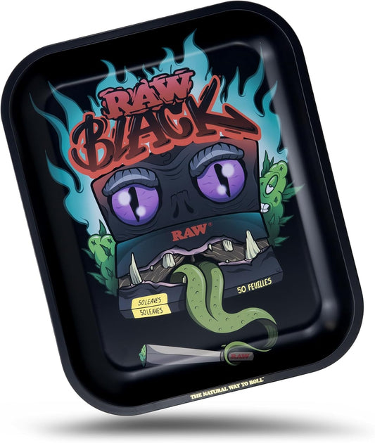 RAW Black Rolling Tray - Limited Edition Monster Design for Pre-Rolled Cones, Wrap Papers, and Accessories - Large - 14 X 11 Inches
