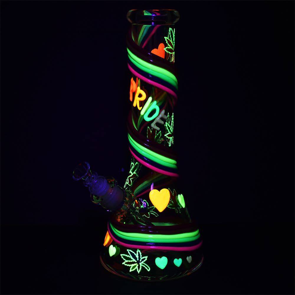Rainbow Pride Glow In The Dark Glass Water Pipe - 12.5" / 14mm F - Discreet Smoker