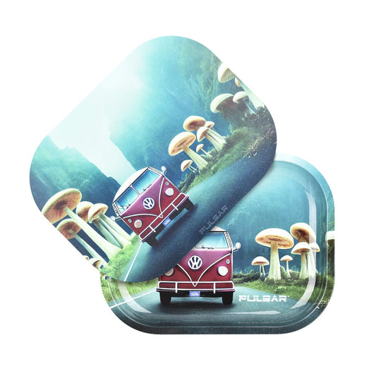 Pulsar Mini Metal Rolling Tray w/ Lid - Camper Van Shroom Trip / 7"x5.5" - Discreet Smoker