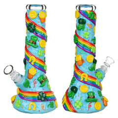St. Patrick's Day Rainbows and Gold Glow In The Dark Water Pipe - 10" / 14mm F - Discreet Smoker
