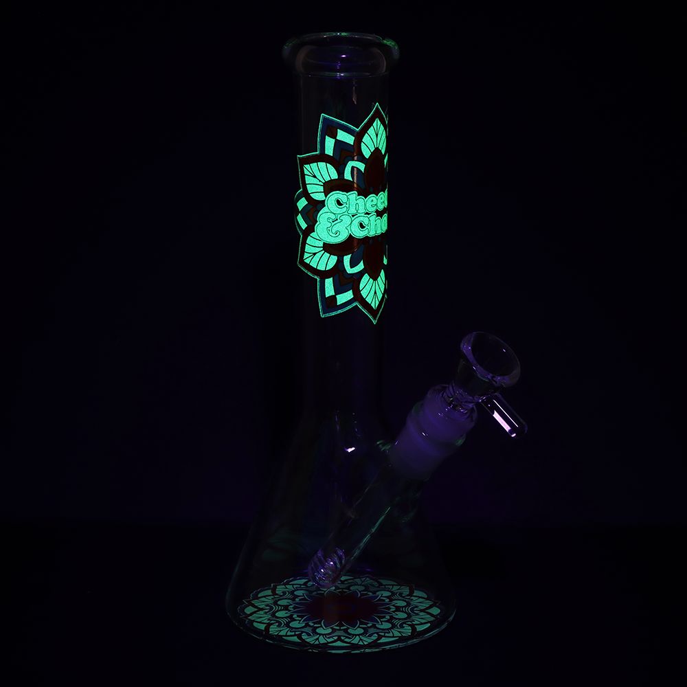 Cheech & Chong Glass Mandala Glow Glass Beaker Water Pipe - 10" / 14mm F - Discreet Smoker