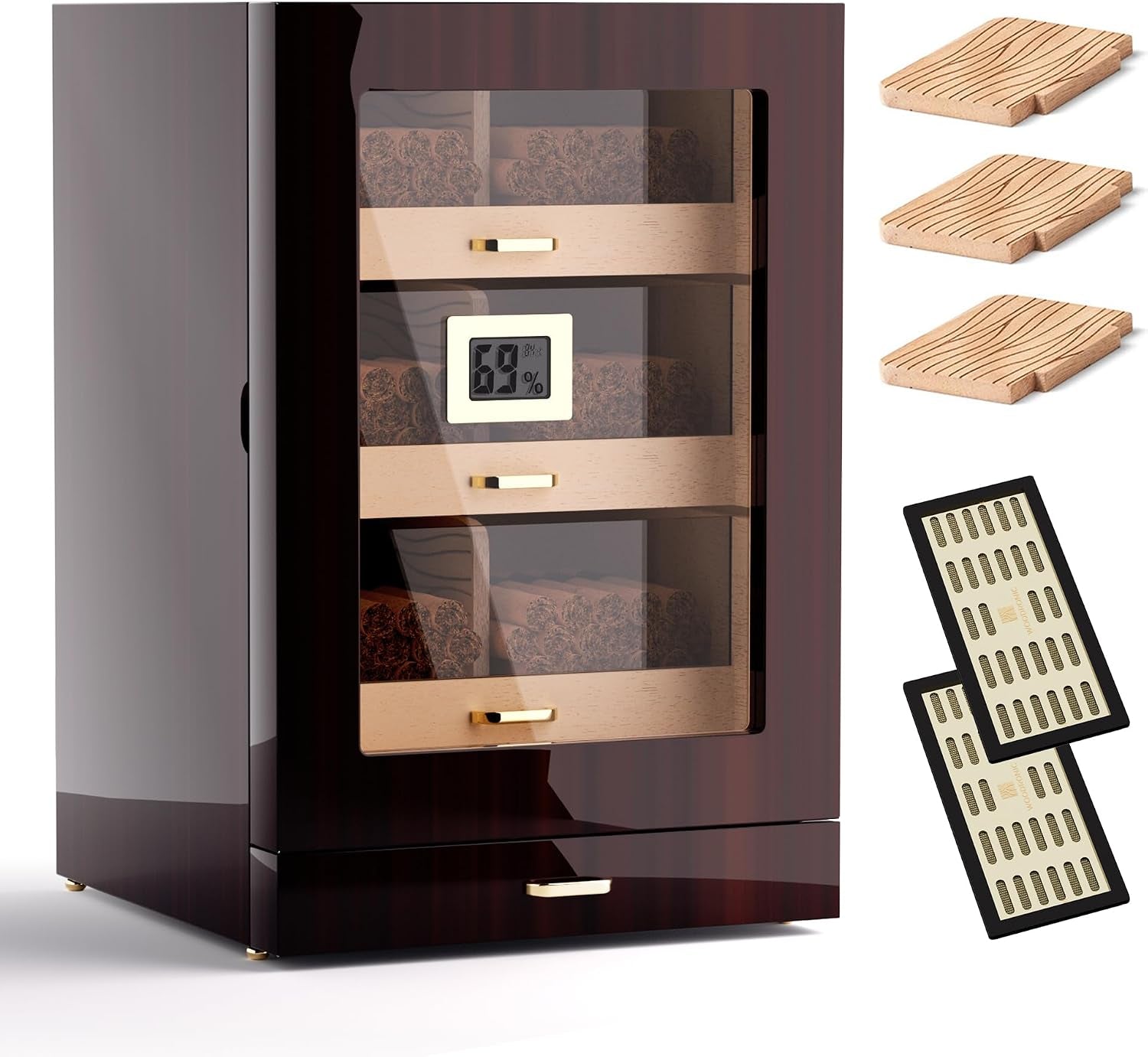 Cigar Humidor, Cigar Humidor Cabinet Airtight Desktop Humidor Accessory Drawer Holds 150 Cigars,3 Cedar Tary Dividers, Magnetic Door Digital Hygrometer Humidifiers,Gift for Men