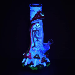Sneaky Skeleton And Watchful Fungi Glow In Dark Beaker Water Pipe-12.5" / 14mm F - Discreet Smoker