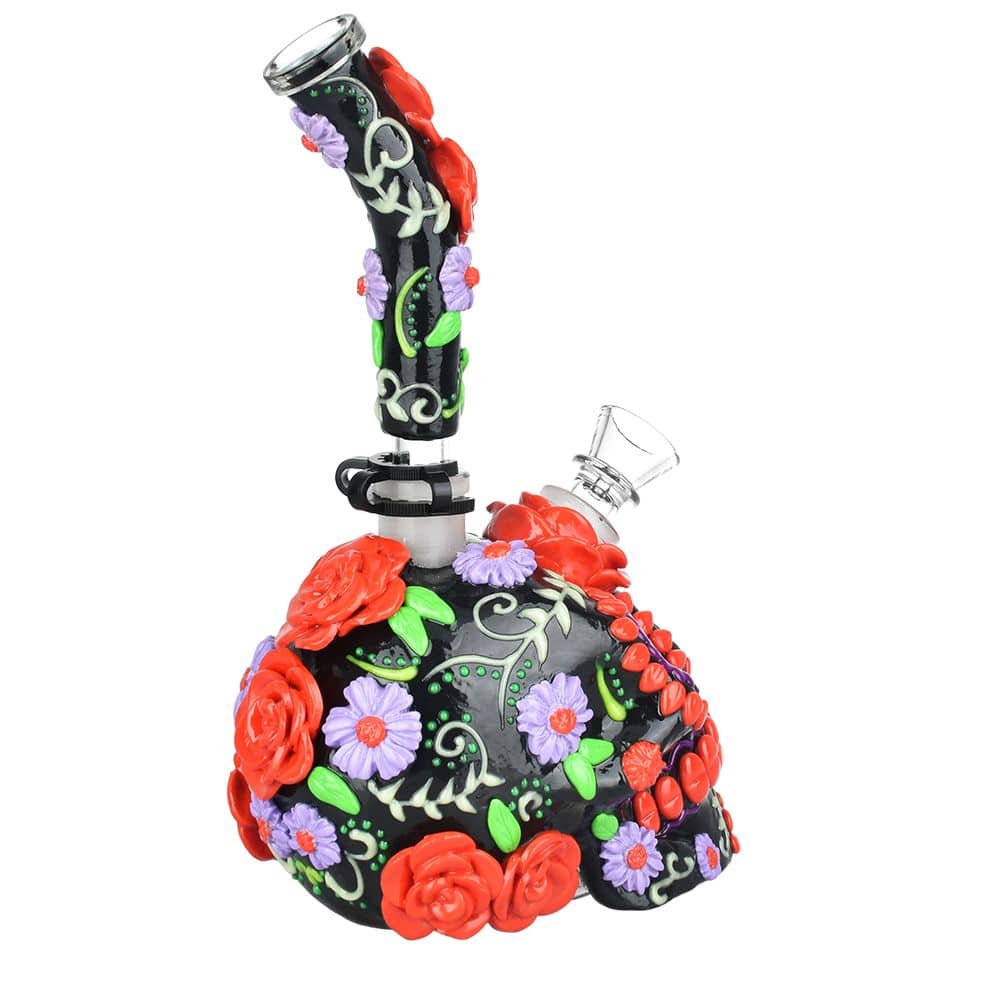 Heavy Flowered Sugar Skull Glass Water Pipe - 10" / 19mm F - Discreet Smoker