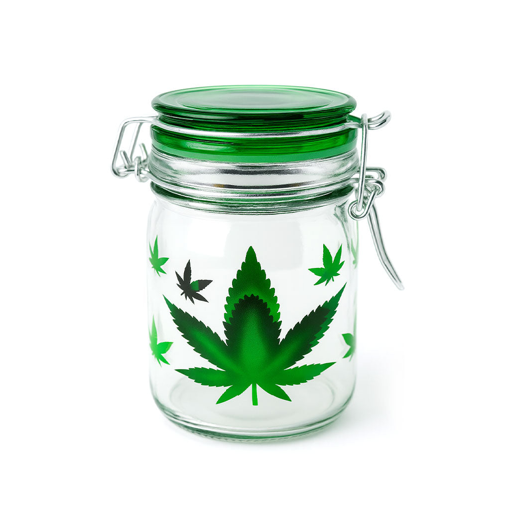 AIRTIGHT GLASS GREEN LEAF STORAGE CONTAINER - Discreet Smoker