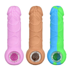 Dick Energy Silicone Hand Pipe w/ Glass Bowl - 5.25" / Colors Vary - Discreet Smoker