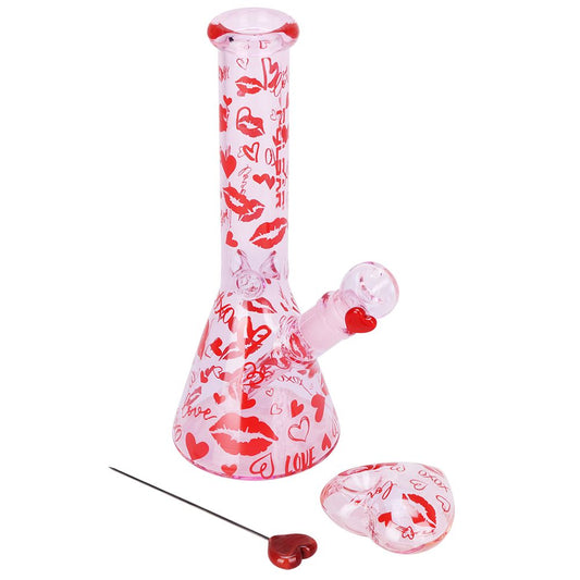 Pulsar Valentine's XOXO Glass Beaker Water Pipe & Hand Pipe Set - 10" / 14mm F - Discreet Smoker