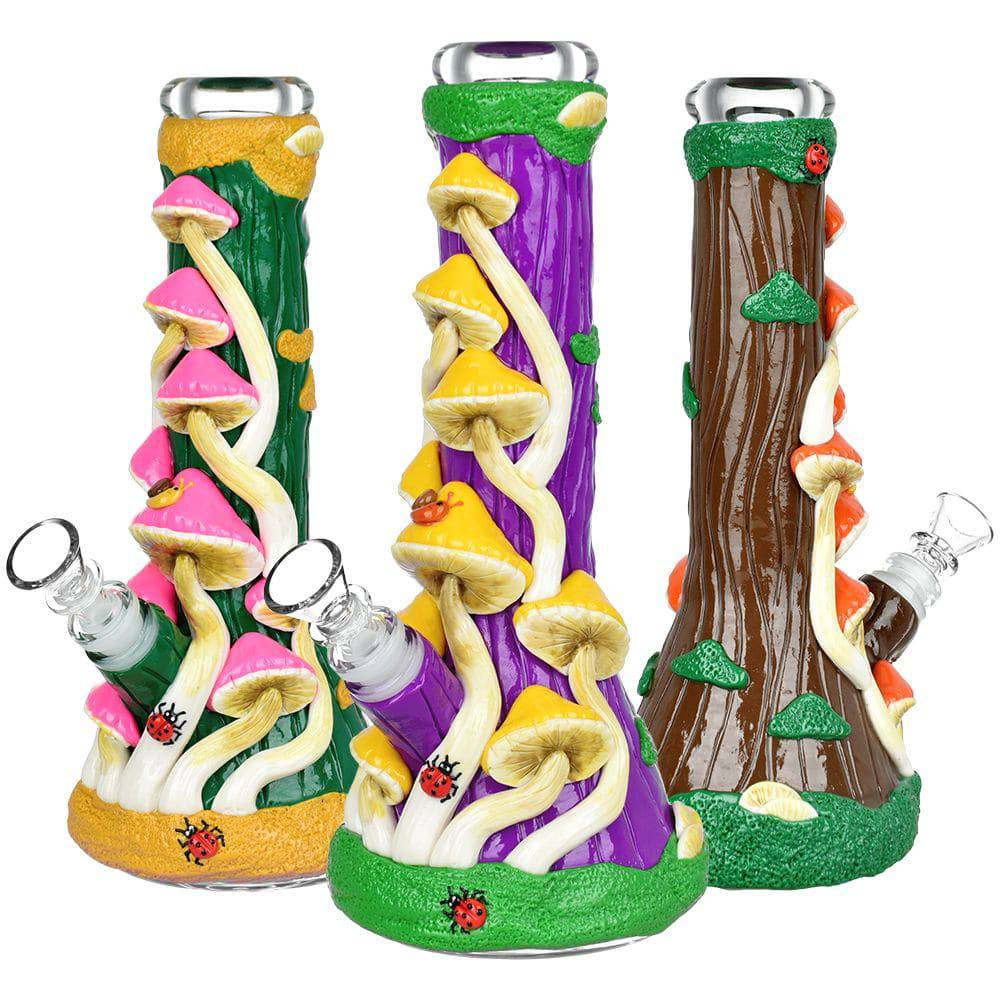 Mushroom Madness Glow in Dark Glass Beaker Water Pipe - 10" /14mm F/ Colors Vary - Discreet Smoker