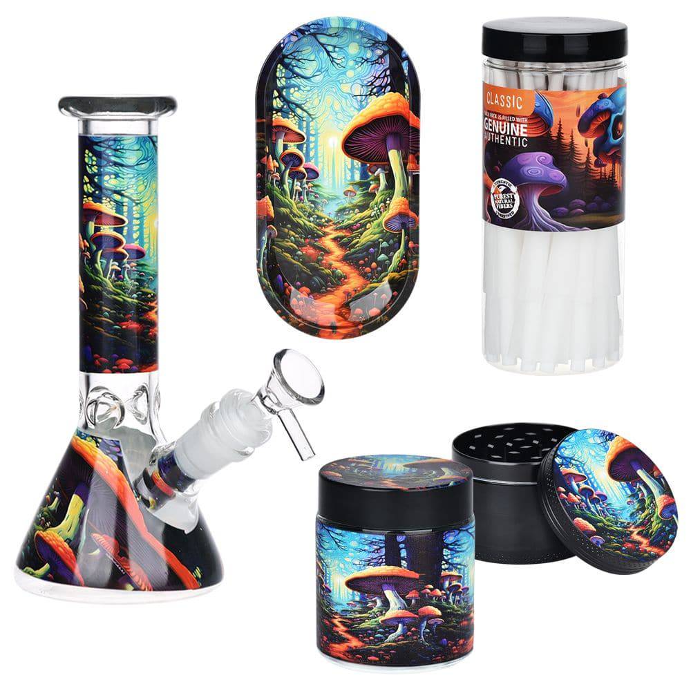 Mushroom Forest Glass Beaker Water Pipe Smoking Set - 7.75" / 14mm F - Discreet Smoker