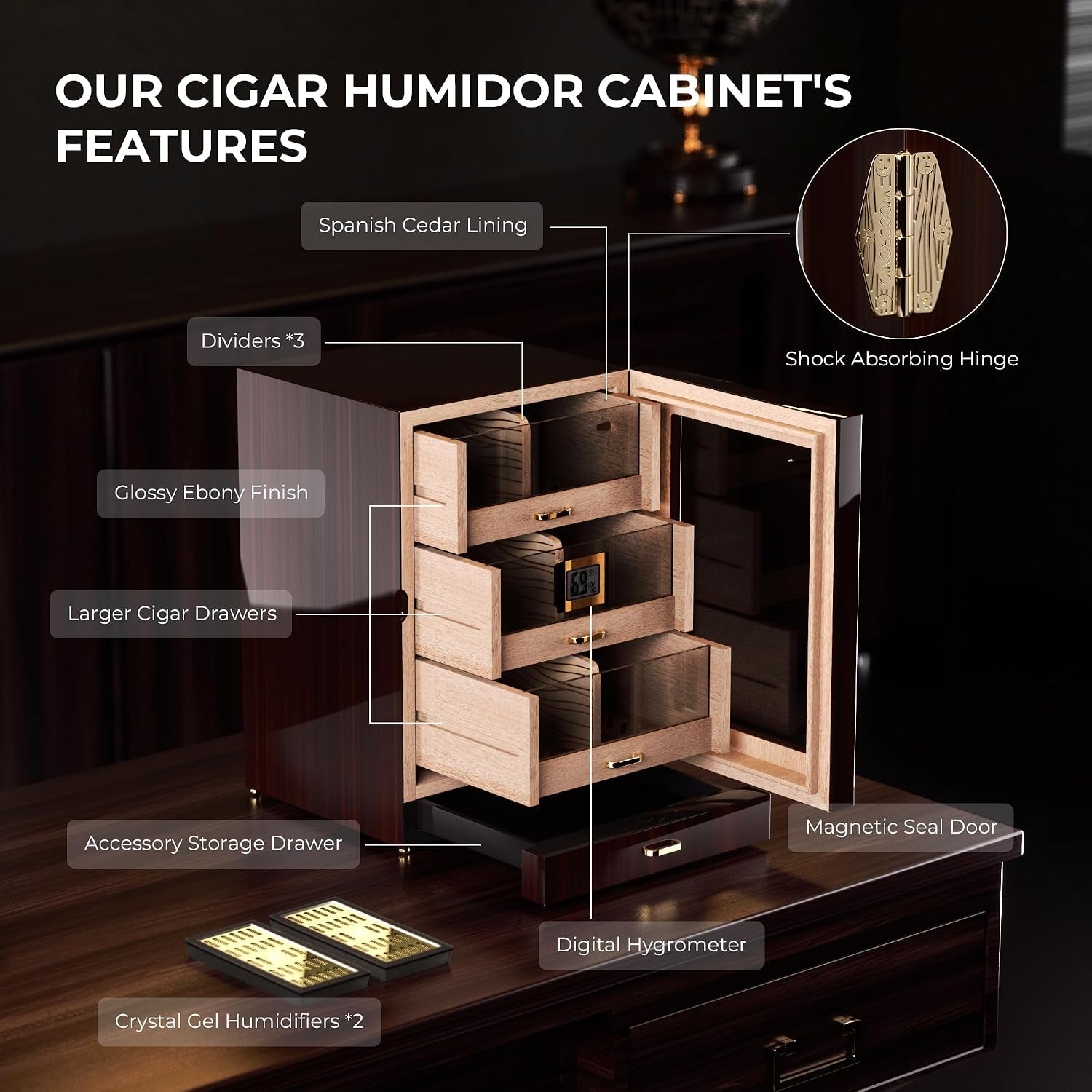 Cigar Humidor, Cigar Humidor Cabinet Airtight Desktop Humidor Accessory Drawer Holds 150 Cigars,3 Cedar Tary Dividers, Magnetic Door Digital Hygrometer Humidifiers,Gift for Men