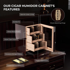 Cigar Humidor, Cigar Humidor Cabinet Airtight Desktop Humidor Accessory Drawer Holds 150 Cigars,3 Cedar Tary Dividers, Magnetic Door Digital Hygrometer Humidifiers,Gift for Men
