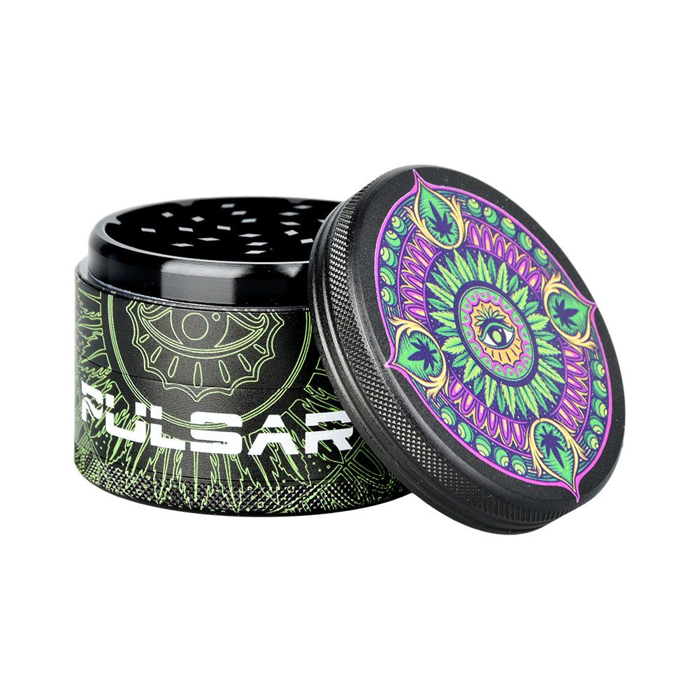 Pulsar Design Series Grinder with Side Art - Hemp Mandala / 4pc / 2.5" - Discreet Smoker