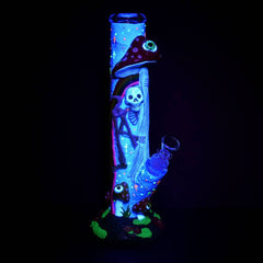 Sneaky Skeleton and Watchful Fungi Glow In Dark Tube Water Pipe - 11.5" / 14mm F - Discreet Smoker