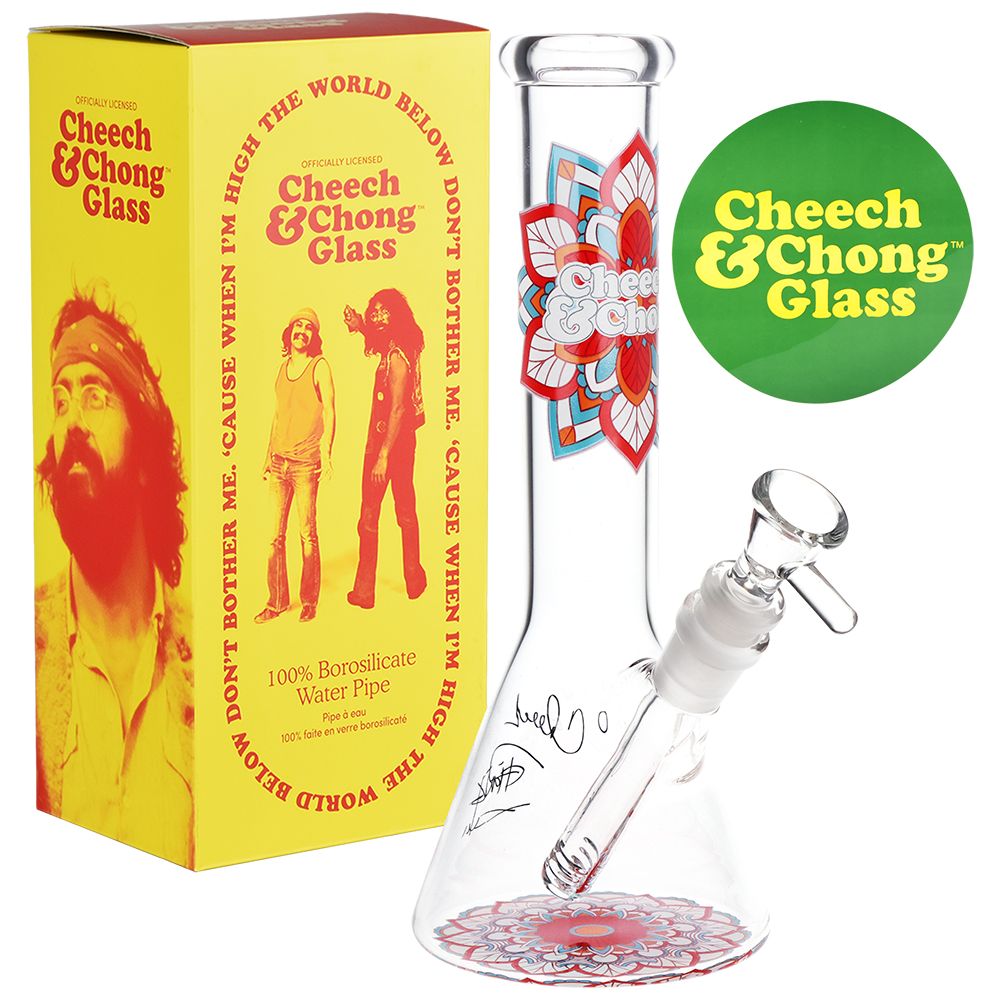 Cheech & Chong Glass Mandala Glow Glass Beaker Water Pipe - 10" / 14mm F - Discreet Smoker