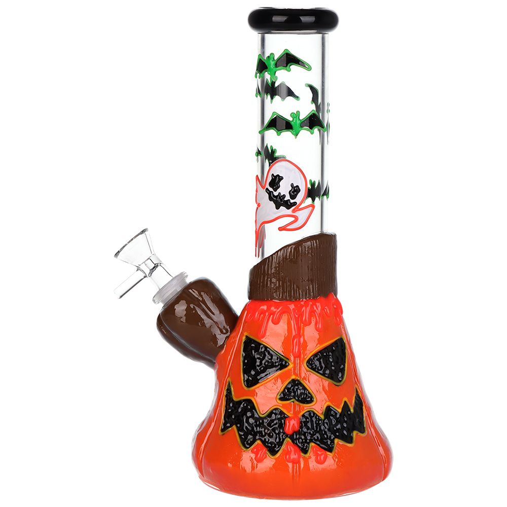 Bats 'n' Ghouls Jack-O-Lantern Glow in Dark Glass Water Pipe - 10" / 14mm F - Discreet Smoker
