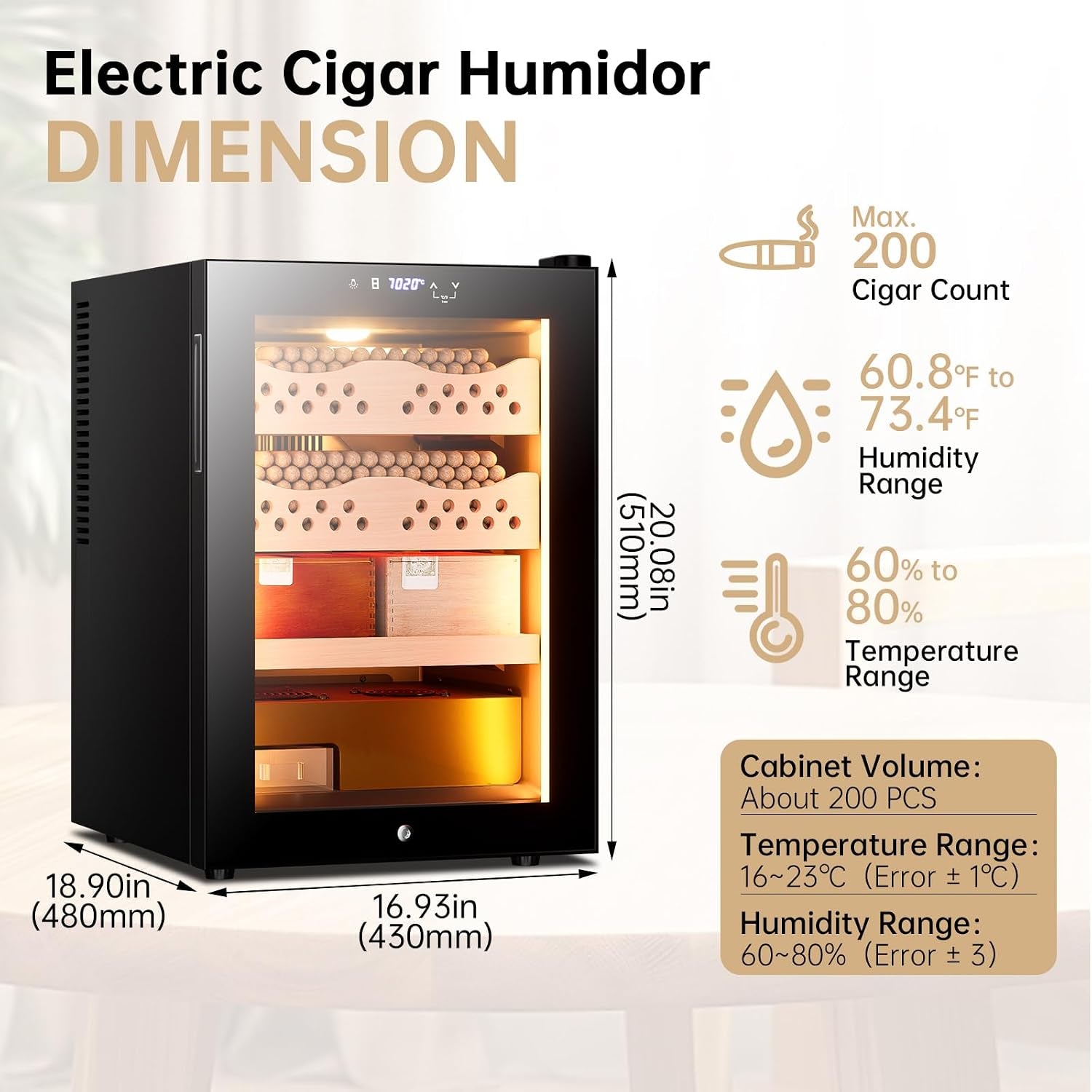 50L Electric Cigar Humidor Cabinet with 3 Cedar Wood Shelves for 300 Counts, Humidity Temperature Control, Heating & Cooling Humidor Electric Cigar Humidor Cabinet with Water Tank, Gift for Men