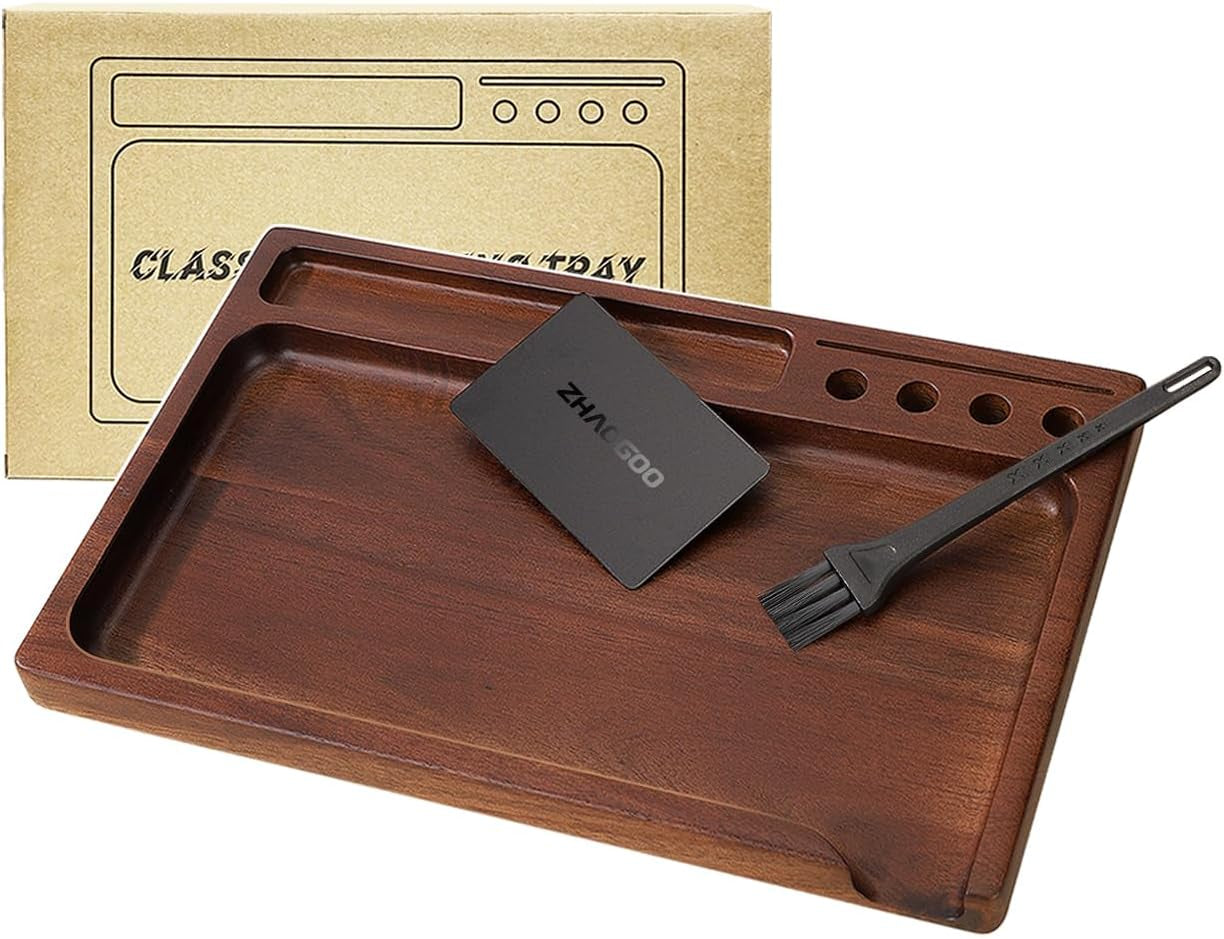 Black Walnut Rolling Tray 11"X7" Tray Rolling Tray Set with Cleaning Brush and Scoop Card - Accessories for Rolling Papers, Grinders - Tray with Smooth Rounded Edges