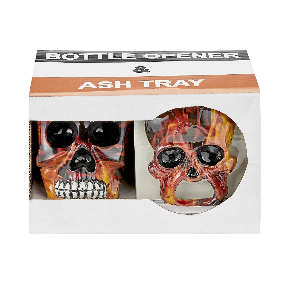 SKULL ASHTRAY AND OPENER SET - flame design - Discreet Smoker