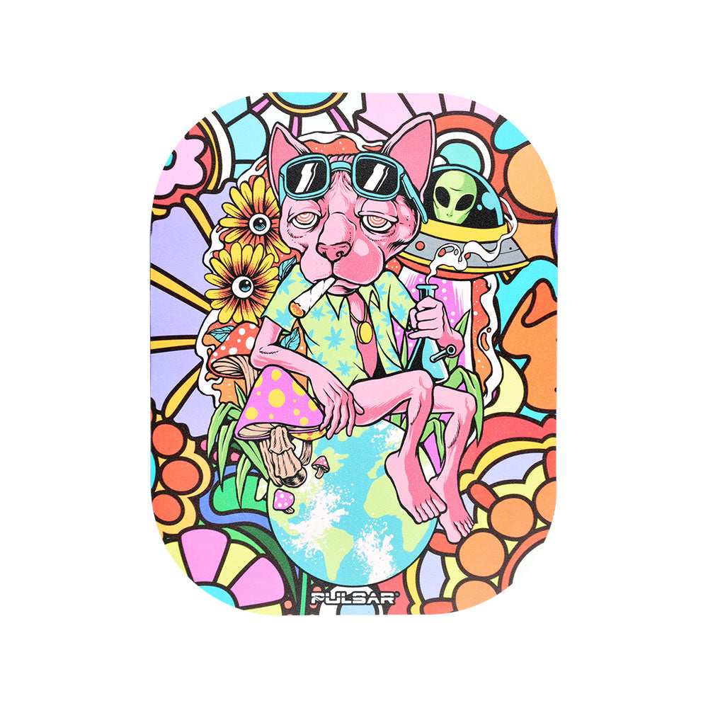 Pulsar Mini Metal Rolling Tray w/ Lid - Chill Cat / 7"x5.5" - Discreet Smoker