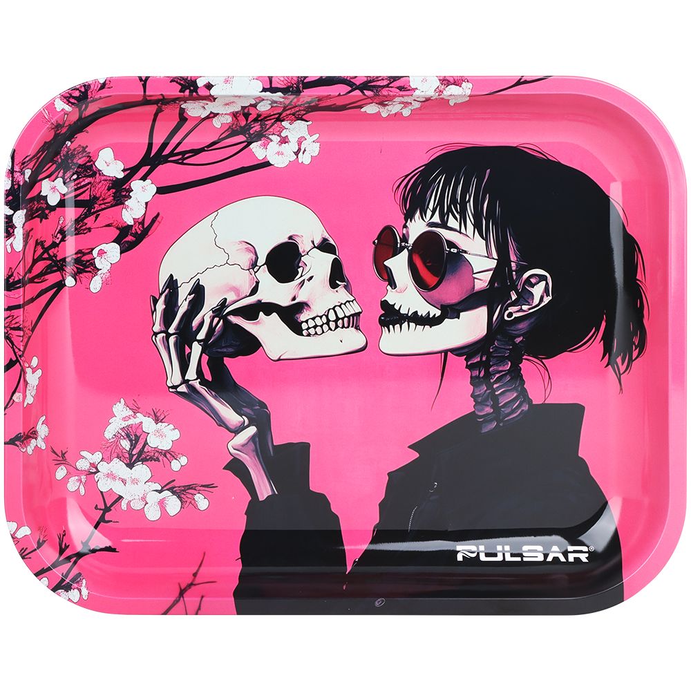 Pulsar Design Series Large Metal Rolling Tray - Sakura Skulls / 13"x11" - Discreet Smoker