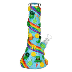 St. Patrick's Day Rainbows and Gold Glow In The Dark Water Pipe - 10" / 14mm F - Discreet Smoker