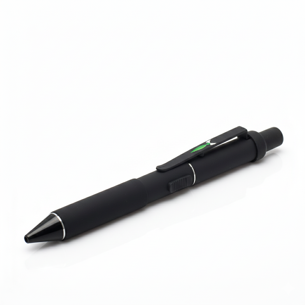 Black pen with a clip on a white background