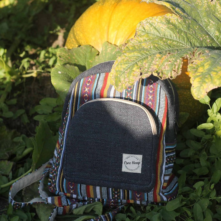 blue boho mini backpack next to pumpkin