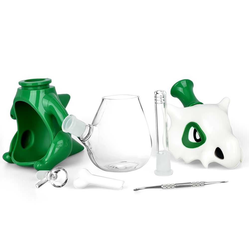 Skull Beast Silicone and Glass Water Pipe + Dab Tool - 8.75" / 14mm F / Colors Vary - Discreet Smoker