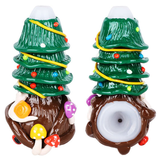 Shroom Xmas Tree Enamel Resin Sculpted Glass Spoon Pipe - 5" - Discreet Smoker