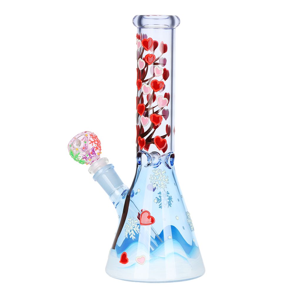 Heart Blossom Beaker Glass Water Pipe - 10" / 14mm F - Discreet Smoker